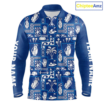 Blue Pattern Mens Golf Polo Shirts Custom Name Best Golf Clothing Shirts NBT1009