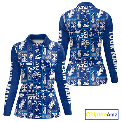 Blue Pattern Womens Golf Polo Shirts Custom Name Best Golf Clothing Shirts NBT1009