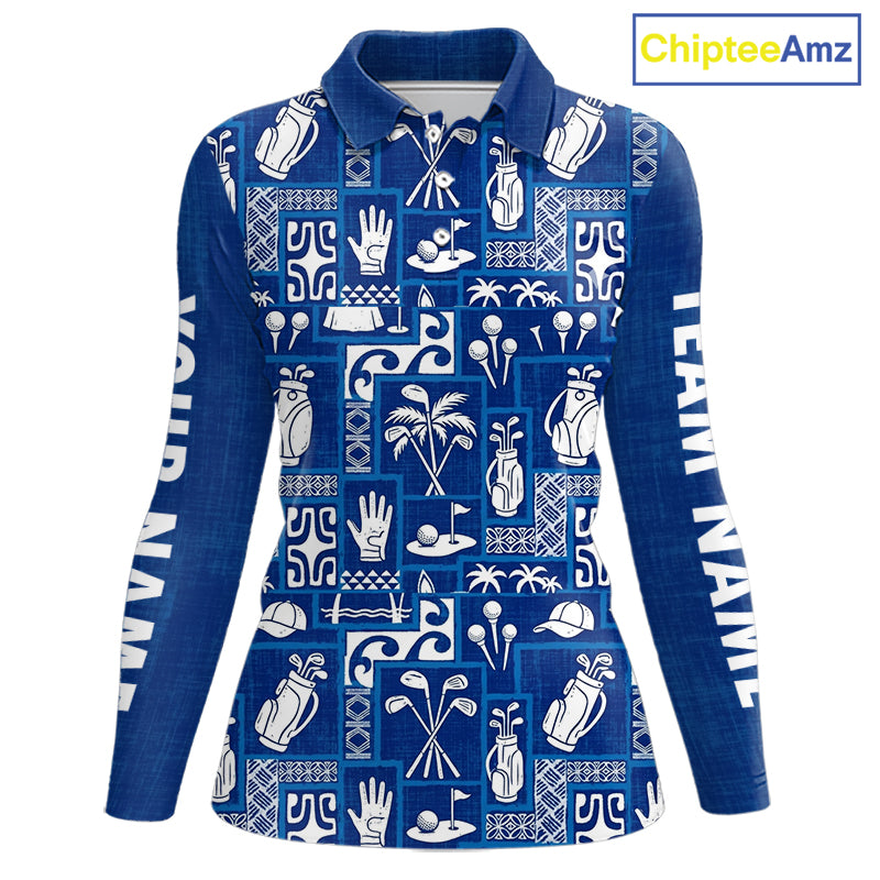 Blue Pattern Womens Golf Polo Shirts Custom Name Best Golf Clothing Shirts NBT1009