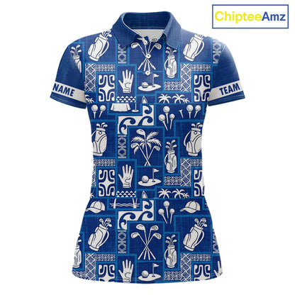 Blue Pattern Womens Golf Polo Shirts Custom Name Best Golf Clothing Shirts NBT1009