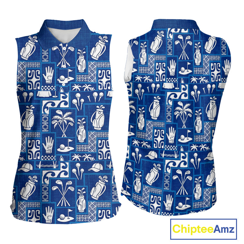 Blue Pattern Womens Sleeveless Golf Shirts Custom Name Best Golf Clothing Shirts NBT1009