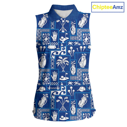 Blue Pattern Womens Sleeveless Golf Shirts Custom Name Best Golf Clothing Shirts NBT1009