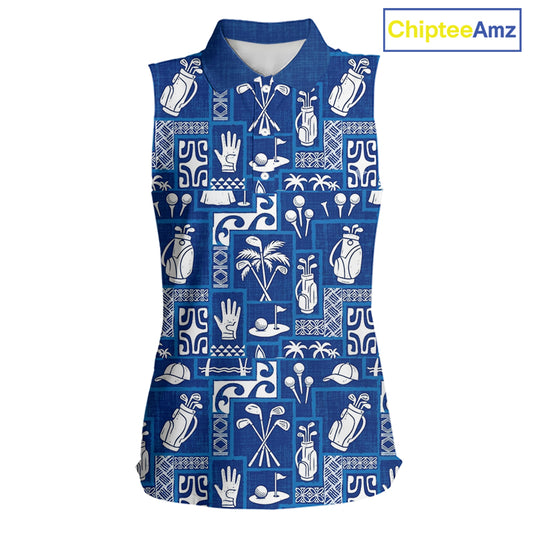 Blue Pattern Womens Sleeveless Golf Shirts Custom Name Best Golf Clothing Shirts NBT1009