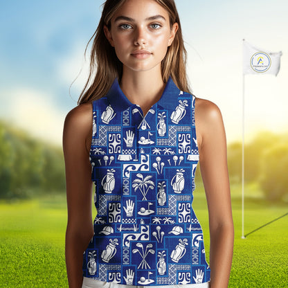 Blue Pattern Womens Sleeveless Golf Shirts Custom Name Best Golf Clothing Shirts NBT1009