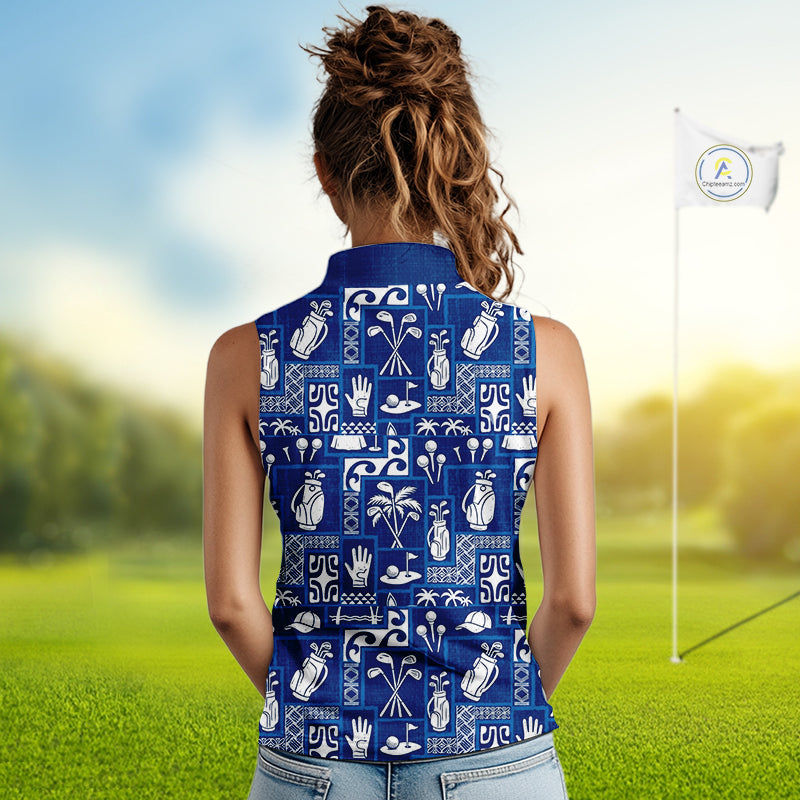 Blue Pattern Womens Sleeveless Golf Shirts Custom Name Best Golf Clothing Shirts NBT1009