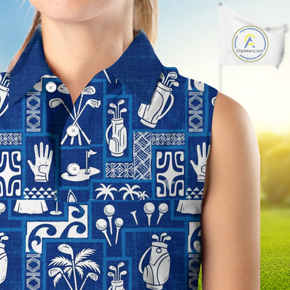 Blue Pattern Womens Sleeveless Golf Shirts Custom Name Best Golf Clothing Shirts NBT1009