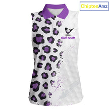 Load image into Gallery viewer, White sleeveless shirt with purple and black leopard print
