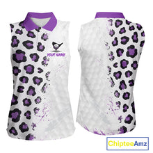 Load image into Gallery viewer, White sleeveless shirt with purple leopard print pattern on a white background
