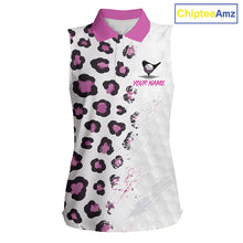 Load image into Gallery viewer, White sleeveless polo shirt with pink and black leopard print 