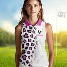 Load image into Gallery viewer, Woman wearing a white sleeveless golf top with pink leopard print and 'Your Name' text on a golf course background.