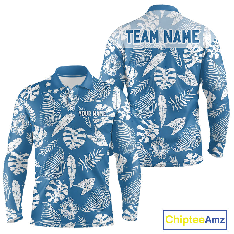 Blue and white tropical patterned shirt with customizable text