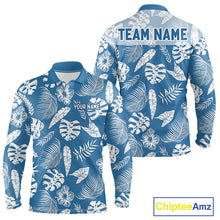 Load image into Gallery viewer, Blue and white tropical patterned shirt with customizable text