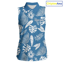 Load image into Gallery viewer, Blue sleeveless shirt with white leaf pattern and 'Your Name' text on a white background