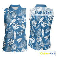 Load image into Gallery viewer, Blue sleeveless shirt with white leaf pattern and customizable text on a white background
