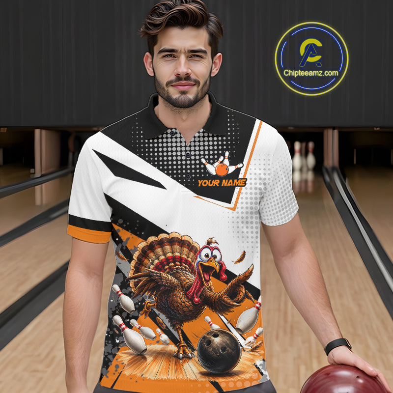 Black White And Orange Custom Turkey Bowling Shirts For Men, Thanksgiving Bowling Team Jerseys NBT1011