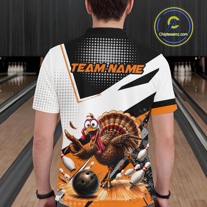 Black White And Orange Custom Turkey Bowling Shirts For Men, Thanksgiving Bowling Team Jerseys NBT1011