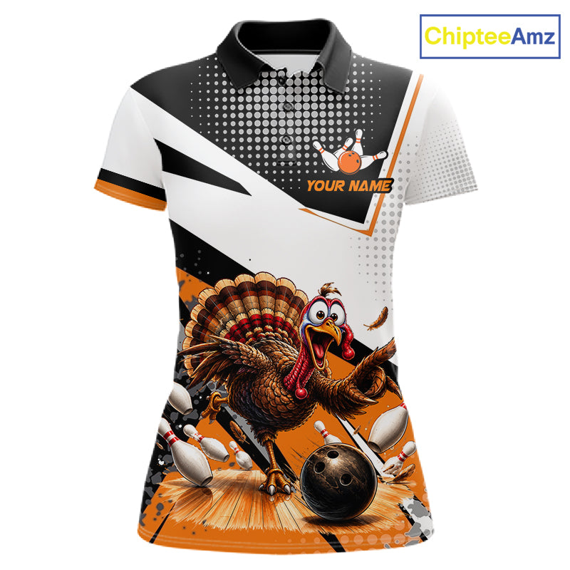 Black White And Orange Custom Turkey Bowling Shirts For Women, Thanksgiving Bowling Team Jerseys NBT1011