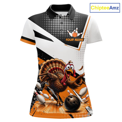 Black White And Orange Custom Turkey Bowling Shirts For Women, Thanksgiving Bowling Team Jerseys NBT1011