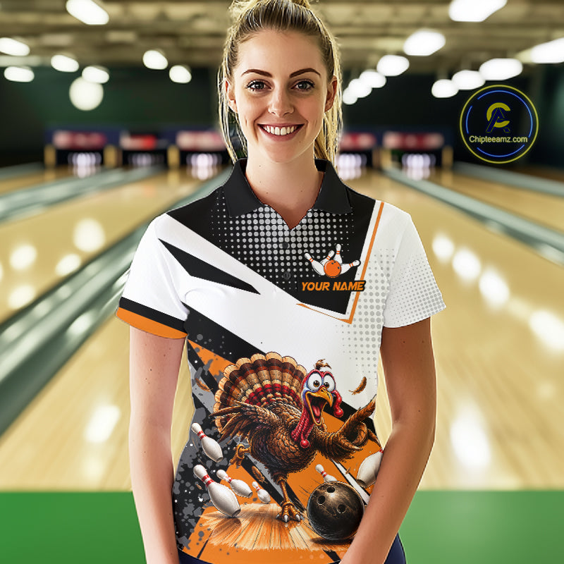 Black White And Orange Custom Turkey Bowling Shirts For Women, Thanksgiving Bowling Team Jerseys NBT1011