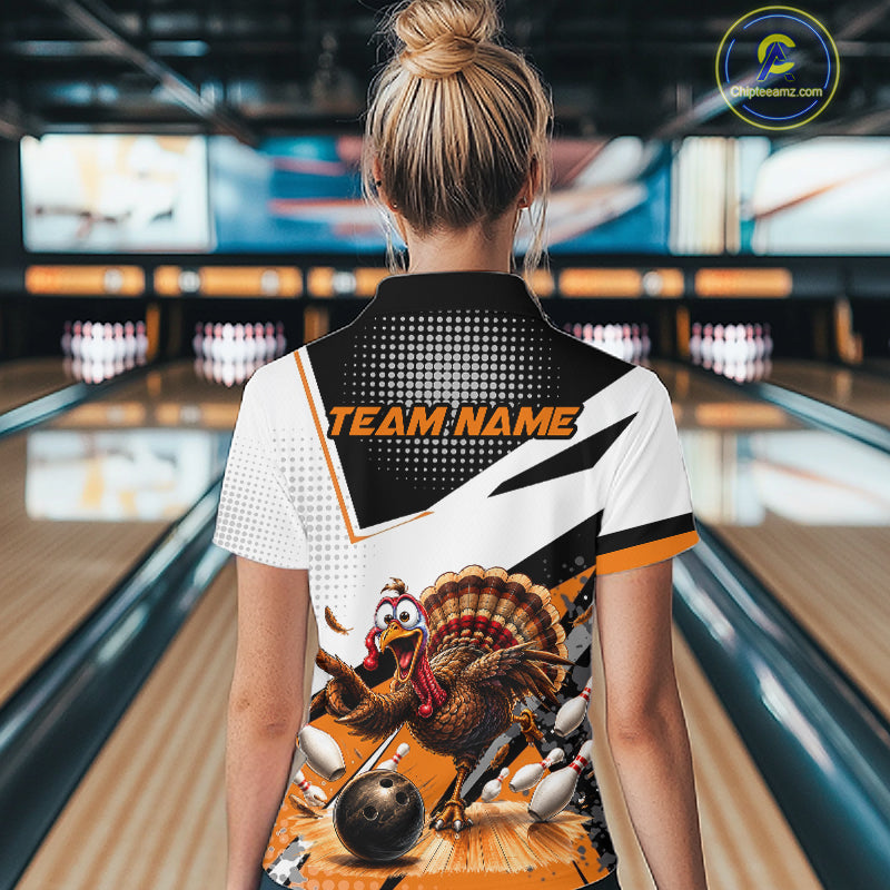 Black White And Orange Custom Turkey Bowling Shirts For Women, Thanksgiving Bowling Team Jerseys NBT1011