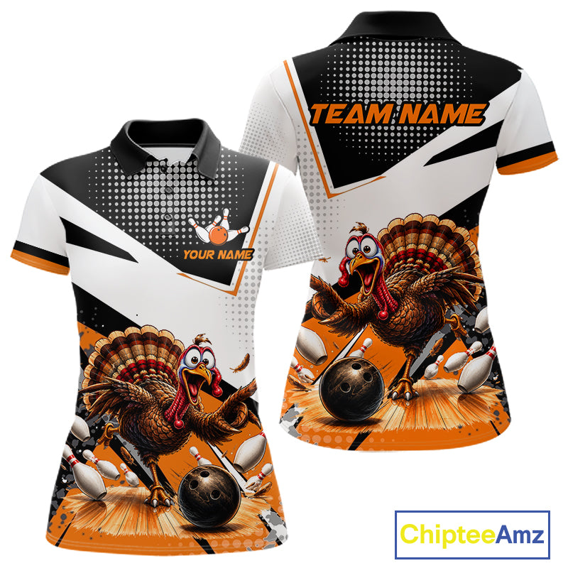 Black White And Orange Custom Turkey Bowling Shirts For Women, Thanksgiving Bowling Team Jerseys NBT1011