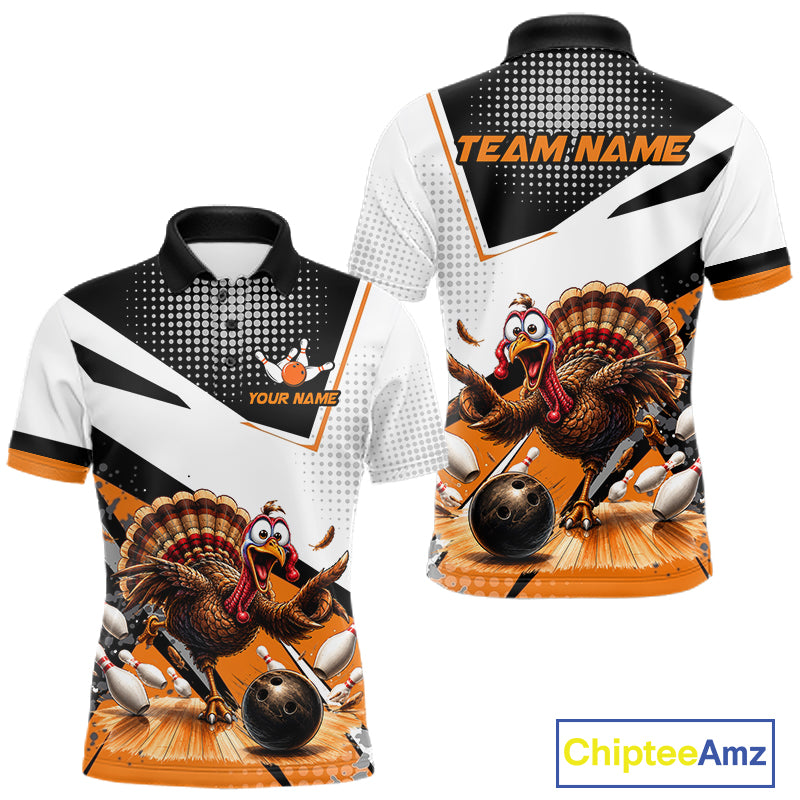Black White And Orange Custom Turkey Bowling Shirts For Men, Thanksgiving Bowling Team Jerseys NBT1011