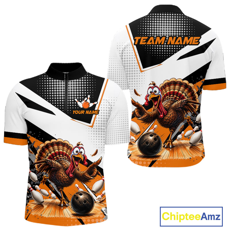 Black White And Orange Custom Turkey Bowling Shirts For Men, Thanksgiving Bowling Team Jerseys NBT1011
