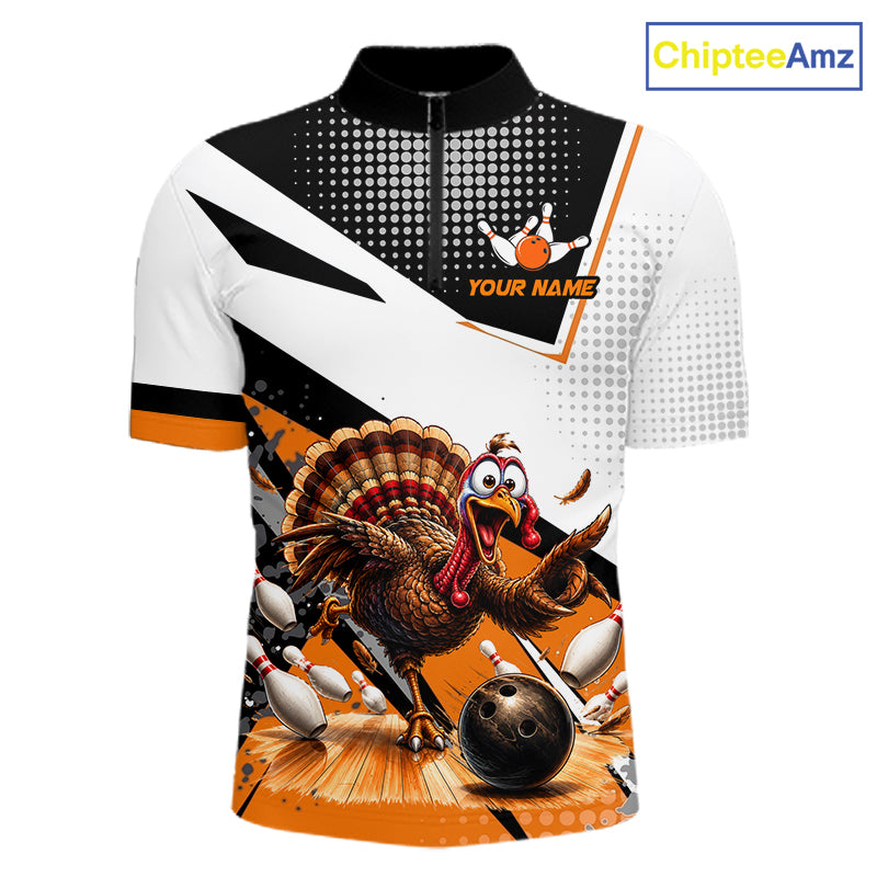 Black White And Orange Custom Turkey Bowling Shirts For Men, Thanksgiving Bowling Team Jerseys NBT1011
