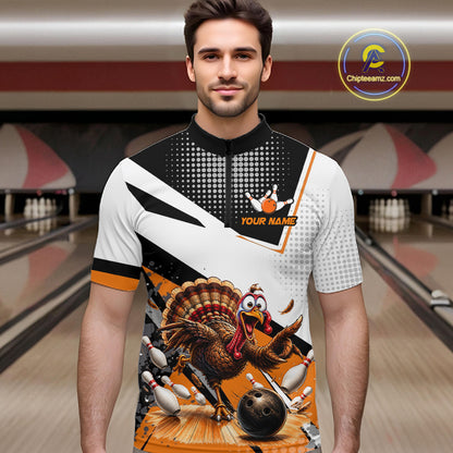 Black White And Orange Custom Turkey Bowling Shirts For Men, Thanksgiving Bowling Team Jerseys NBT1011