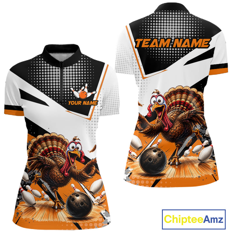 Black White And Orange Custom Turkey Bowling Shirts For Women, Thanksgiving Bowling Team Jerseys NBT1011