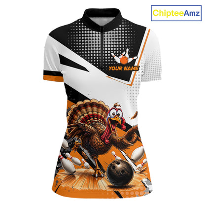 Black White And Orange Custom Turkey Bowling Shirts For Women, Thanksgiving Bowling Team Jerseys NBT1011