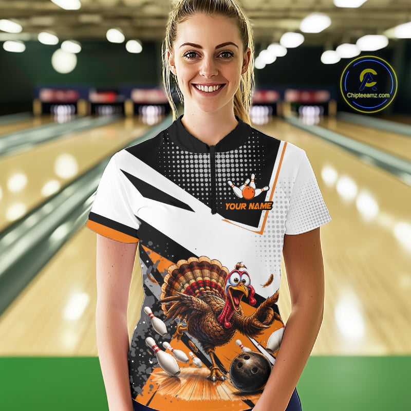 Black White And Orange Custom Turkey Bowling Shirts For Women, Thanksgiving Bowling Team Jerseys NBT1011