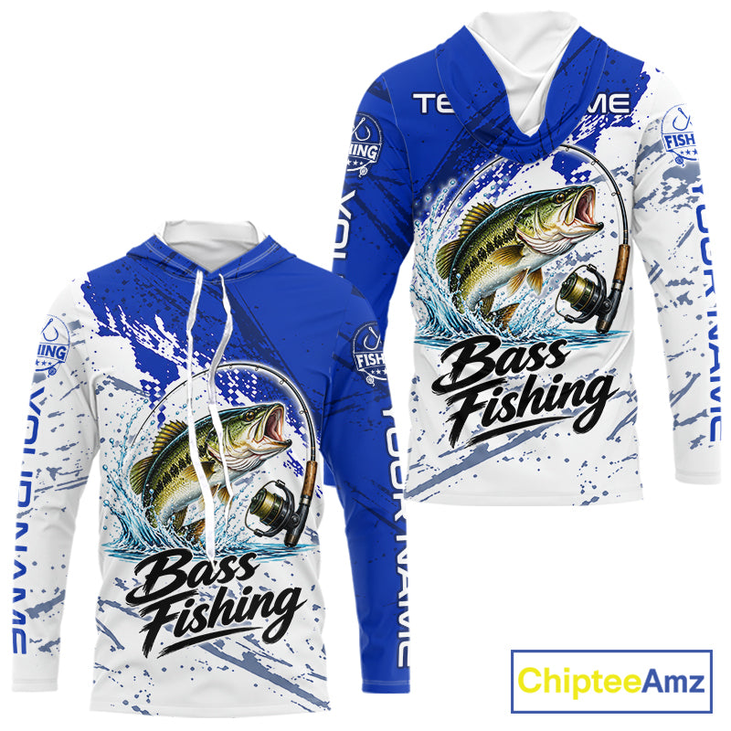 Personalized Bass Fishing Jerseys, Bass Fishing Long Sleeve Hooded Tournament Shirts NBT1090