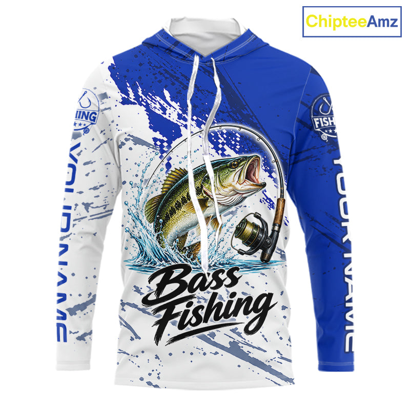 Personalized Bass Fishing Jerseys, Bass Fishing Long Sleeve Hooded Tournament Shirts NBT1090