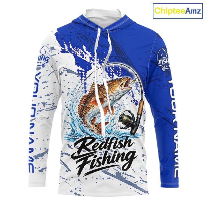 Personalized Redfish Drum Fishing Jerseys, Redfish Fishing Long Sleeve Hooded Tournament Shirts NBT1091