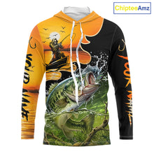 Load image into Gallery viewer, Personalized Fish Reaper Sunset Design Largemouth Bass Long Sleeve Hooded Fishing Shirts NBT673