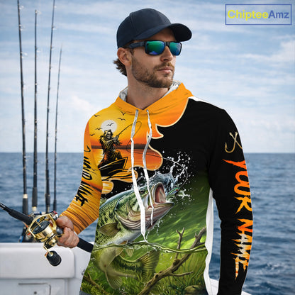 Personalized Fish Reaper Sunset Design Largemouth Bass Long Sleeve Hooded Fishing Shirts NBT673