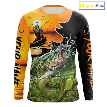 Personalized Fish Reaper Sunset Design Largemouth Bass Fishing Shirts Long Sleeve NBT673