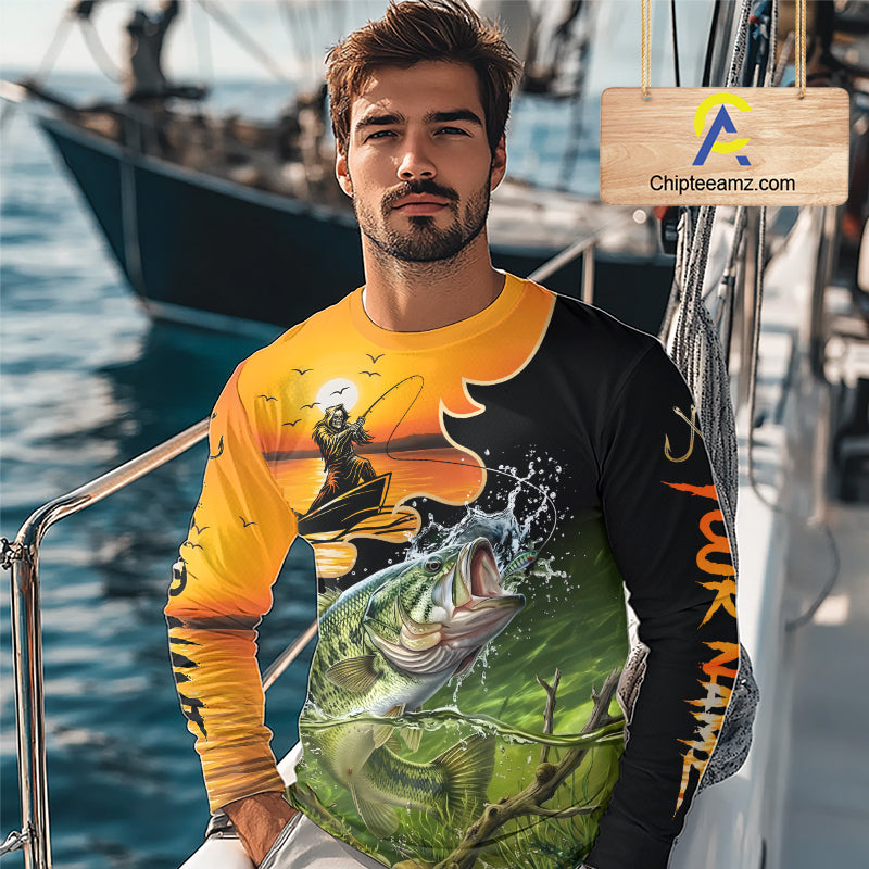 Personalized Fish Reaper Sunset Design Largemouth Bass Fishing Shirts Long Sleeve NBT673