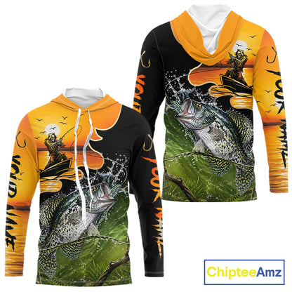 Personalized Fish Reaper Sunset Design Crappie Long Sleeve Hooded Fishing Shirts NBT674