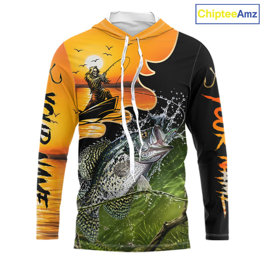Personalized Fish Reaper Sunset Design Crappie Long Sleeve Hooded Fishing Shirts NBT674