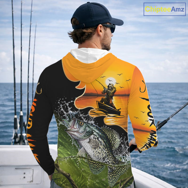 Personalized Fish Reaper Sunset Design Crappie Long Sleeve Hooded Fishing Shirts NBT674