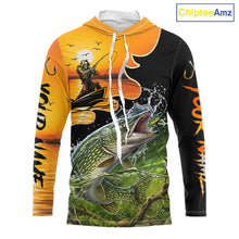 Load image into Gallery viewer, Personalized Fish Reaper Sunset Design Northern Pike Long Sleeve Hooded Fishing Shirts NBT675