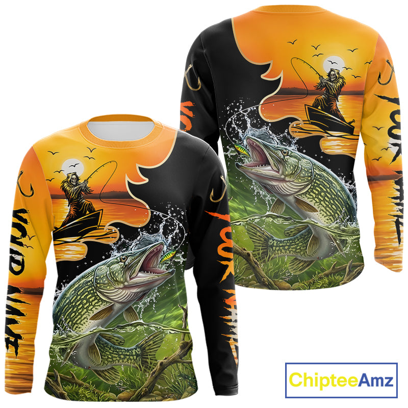 Personalized Fish Reaper Sunset Design Northern Pike Fishing Shirts Long Sleeve NBT675