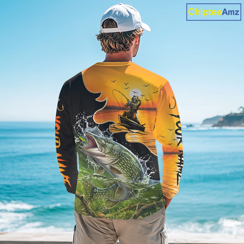 Personalized Fish Reaper Sunset Design Northern Pike Fishing Shirts Long Sleeve NBT675
