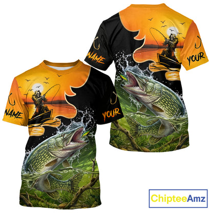 Personalized Fish Reaper Sunset Design Northern Pike Fishing T-Shirts NBT675
