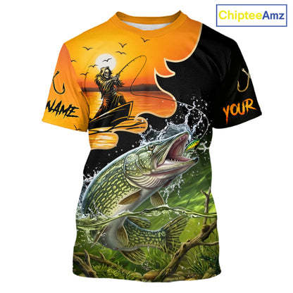 Personalized Fish Reaper Sunset Design Northern Pike Fishing T-Shirts NBT675