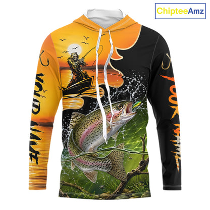 Personalized Fish Reaper Sunset Design Rainbow Trout Long Sleeve Hooded Fishing Shirts NBT676
