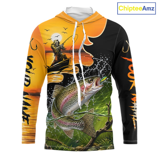 Personalized Fish Reaper Sunset Design Rainbow Trout Long Sleeve Hooded Fishing Shirts NBT676