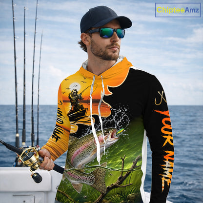 Personalized Fish Reaper Sunset Design Rainbow Trout Long Sleeve Hooded Fishing Shirts NBT676